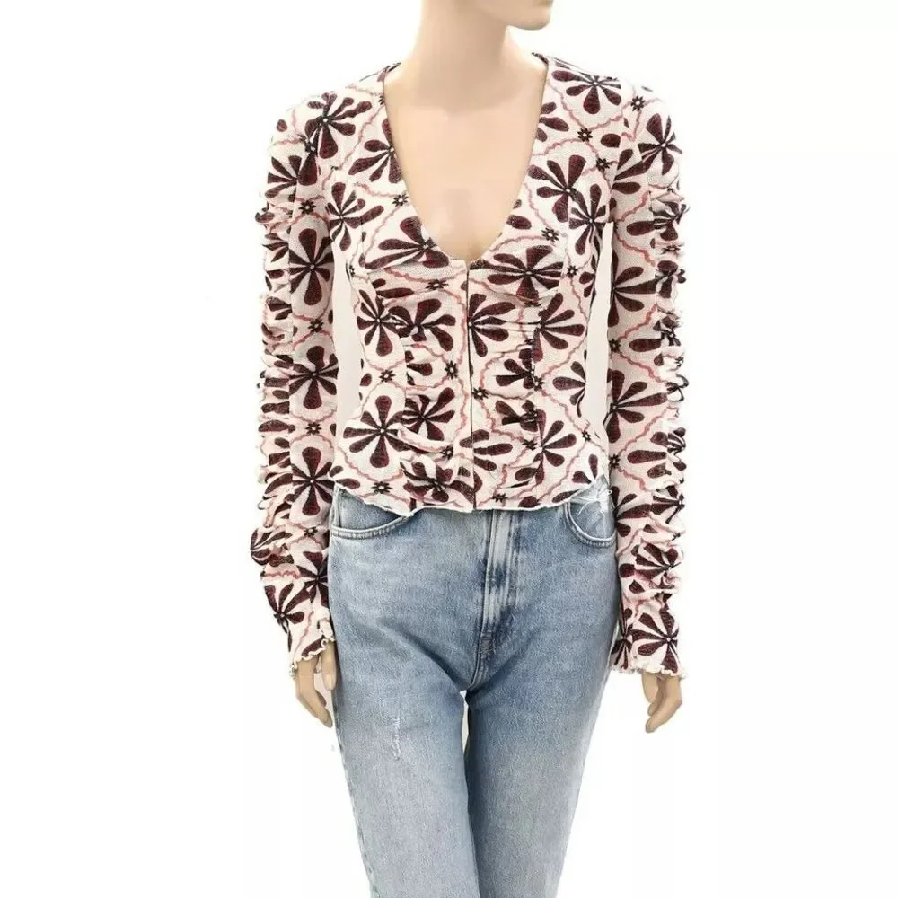 Free People Through The Meadow Blouse Top Ruched Floral Printed Cotton L 288427